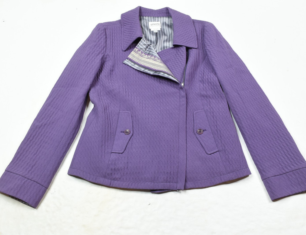 Armani Collezioni Jacket Womens 8 Purple Woven Long Sleeve Full-Zip Wool